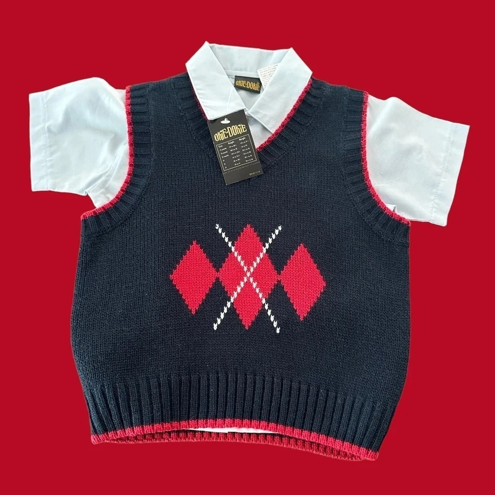 Vintage NWT Okie Dokie Boys 4T Two Piece sweater vest shirt set Blue New Church